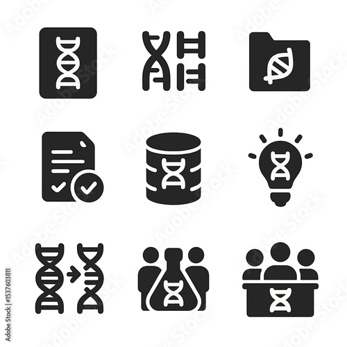 Human Genome Icons. Solid, filled icons set of human genome project and studies: reference genome, chromosome