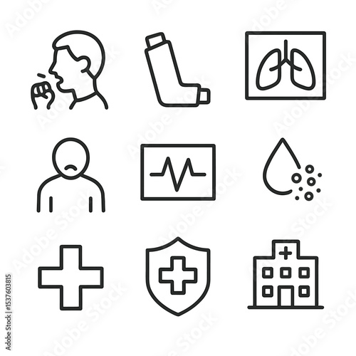 Public Health Icons. Outline icon set of public health impacts: coughing person, asthma inhaler, lung X-ray, hospital building,