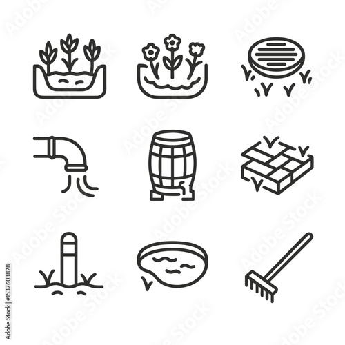 Rainwater Harvesting Icons. Outline icon set of rainwater harvesting gardens: bioswale, rain garden, inlet grate, overflow pipe,