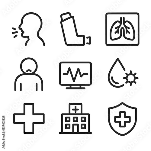 Public Health Icons. Outline icon set of public health impacts: coughing person, asthma inhaler, lung X-ray, hospital building,