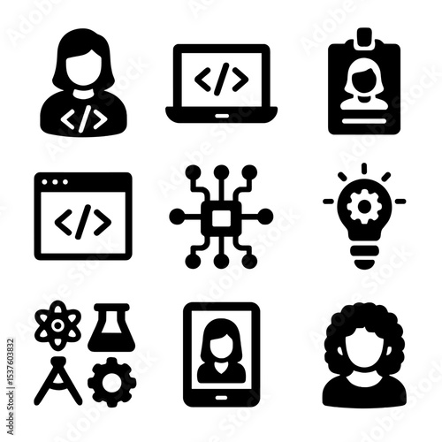 Women in Tech Icons. Solid, filled icons set of women in technology: female coder, laptop screen, tech