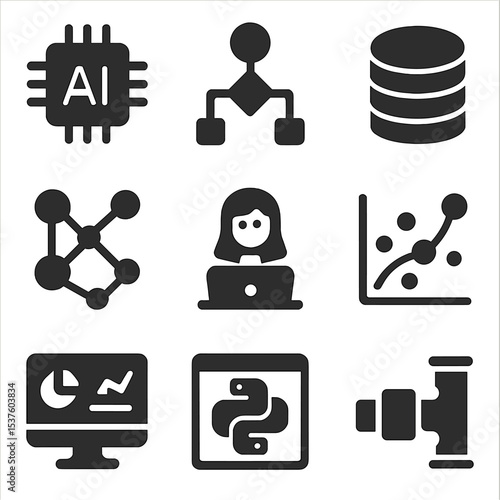 Women in AI Icons. Solid, filled icons set of women in data science and AI: AI chip, algorithm icon, data