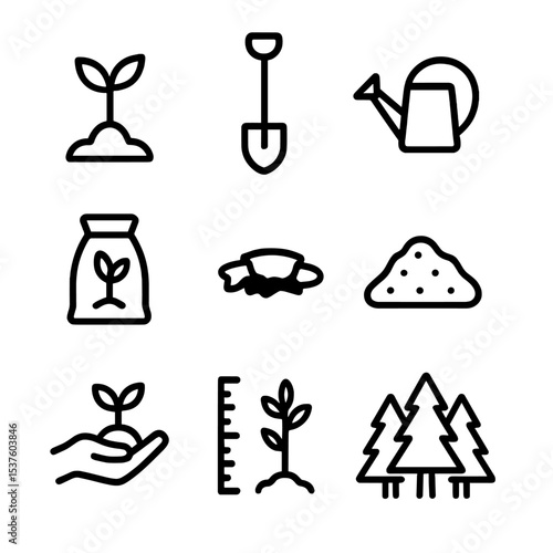 Reforestation Icon Set. Outline icon set of reforestation efforts: seedling sapling, shovel, watering can, tree sapling bag,