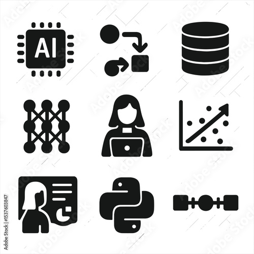 Women in AI Icons. Solid, filled icons set of women in data science and AI: AI chip, algorithm icon, data