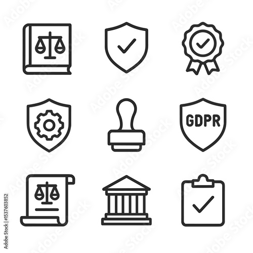 Regulatory Compliance Icons. Outline icon set of regulatory compliance and ethics: law book, liability shield, certification badge