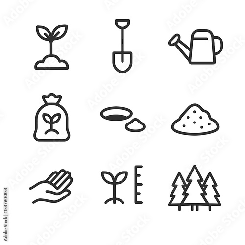Reforestation Icon Set. Outline icon set of reforestation efforts: seedling sapling, shovel, watering can, tree sapling bag,