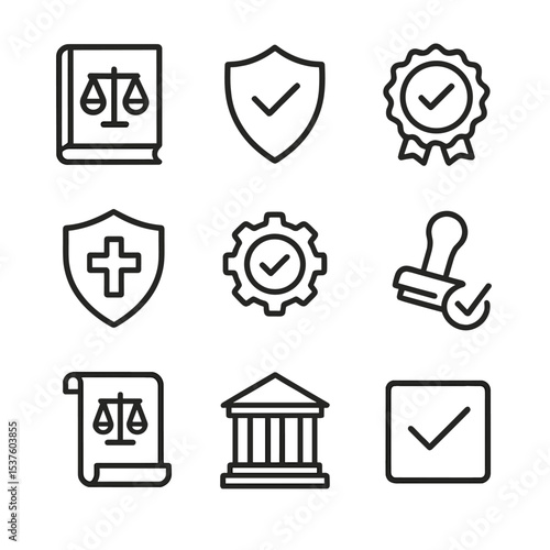 Regulatory Compliance Icons. Outline icon set of regulatory compliance and ethics: law book, liability shield, certification badge