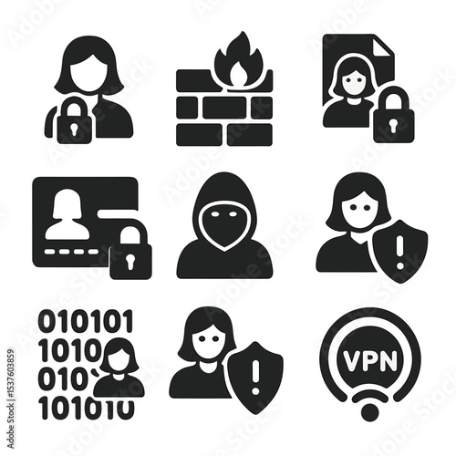 Women in Cybersecurity Icons. Solid, filled icons set of women in cybersecurity: padlock icon, firewall,
