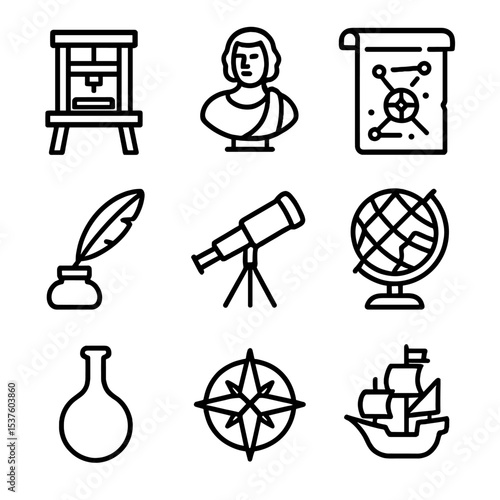 Renaissance Exploration Icons. Outline icon set of renaissance exploration: printing press, portrait bust, navigational chart,