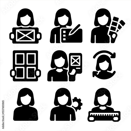 Female Designer Icons. Solid, filled icons set of female UX/UI designers: wireframe icon, design tablet, color