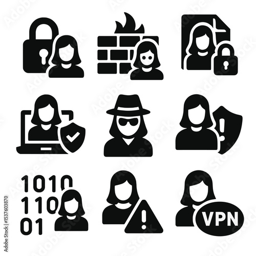 Women in Cybersecurity Icons. Solid, filled icons set of women in cybersecurity: padlock icon, firewall,