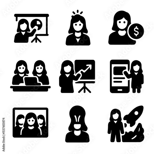 Women in Tech Icons. Solid, filled icons set of women founders in tech startups: pitch deck, innovation spark,