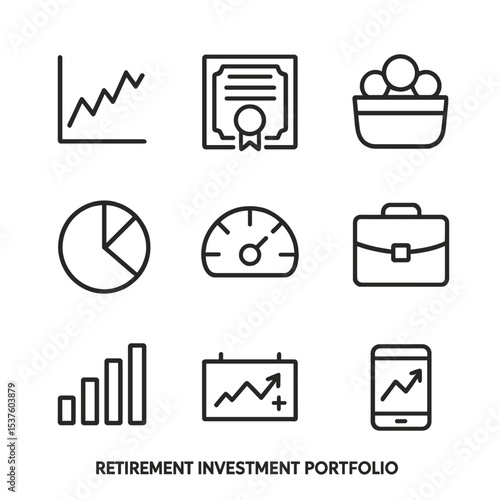 Retirement Investment Icons. Outline icon set of retirement investment portfolio: stock chart, bond certificate, mutual fund icon,