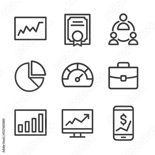 Retirement Investment Icons. Outline icon set of retirement investment portfolio: stock chart, bond certificate, mutual fund icon,
