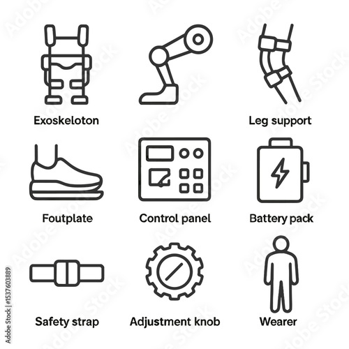 Robotic Exoskeleton Icons. Outline icon set of robotic exoskeleton support systems: exoskeleton frame, joint actuator, leg support