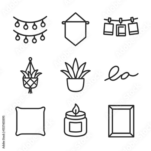 Room Décor Icons. Outline icon set of room décor: fairy string lights, wall tapestry, polaroid display, macramé plant hanger,