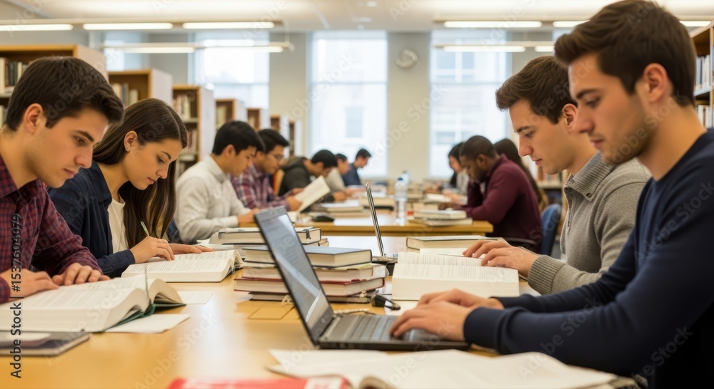 Fototapeta premium diverse group of college students studying together at large tables in a bright, academic library environment
