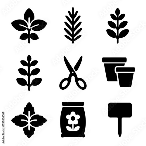 Terrace Herb Icon Set. Solid, filled icons set of terrace herb cultivation: basil, rosemary, thyme, oregano,