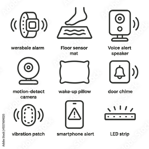 Sleepwalker Alert Icons. Outline icon set of alert devices for sleepwalkers: wearable alarm bracelet, floor sensor mat, voice