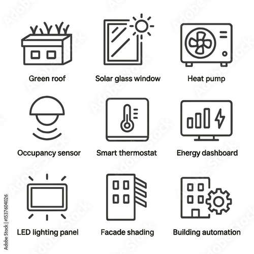 Smart Building Icon Set. Outline icon set of smart building technologies: green roof, solar glass window, heat pump, occupancy