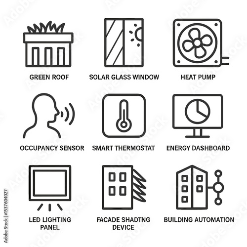 Smart Building Icon Set. Outline icon set of smart building technologies: green roof, solar glass window, heat pump, occupancy