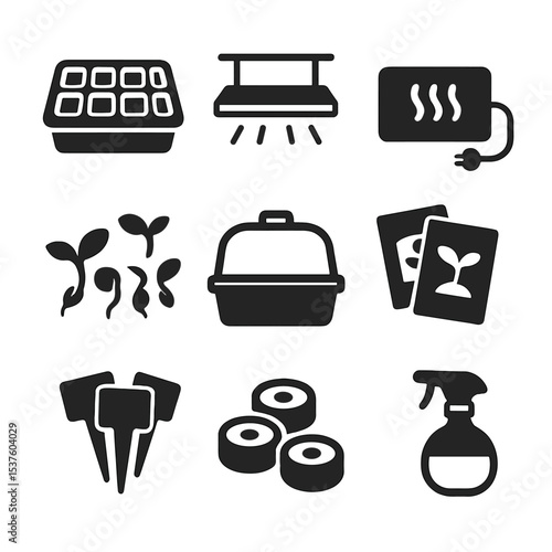 Seed Starting Icons. Solid, filled icons set of seed starting setup: seed tray, grow light, heating mat,