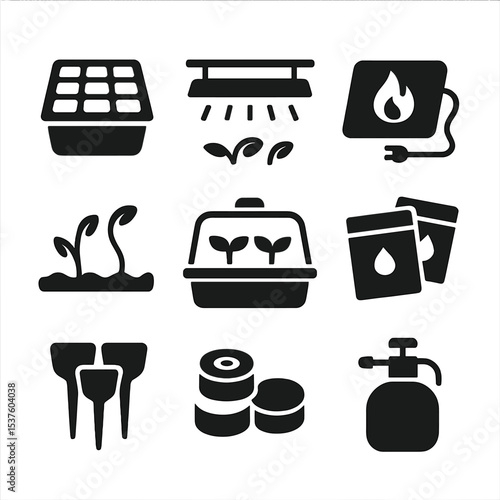 Seed Starting Icons. Solid, filled icons set of seed starting setup: seed tray, grow light, heating mat,