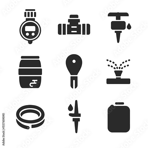 Balcony Irrigation Icons. Solid, filled icons set of irrigation systems for balconies: water timer, hose