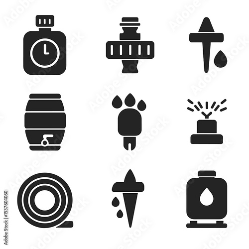 Balcony Irrigation Icons. Solid, filled icons set of irrigation systems for balconies: water timer, hose