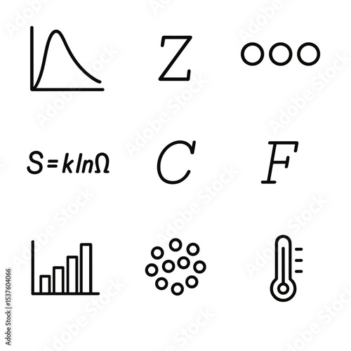Statistical Mechanics Icons. Outline icon set of statistical mechanics: Maxwell–Boltzmann distribution, partition function Z,