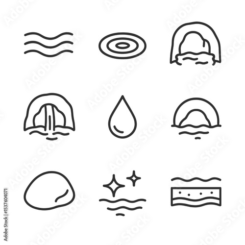 Subterranean River Icons. Outline icon set of subterranean rivers: flowing water, ripple effect, cave pool, waterfall dribble,