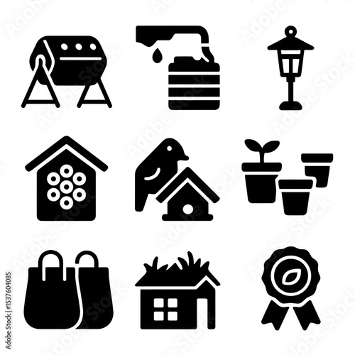 Urban Eco-Gardening Icons. Solid, filled icons set of urban eco-gardening: compost tumbler, rainwater tank,