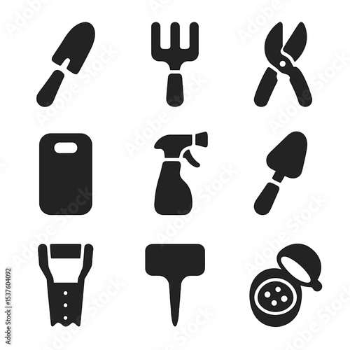 Compact Gardening Tools Icons. Solid, filled icons set of compact gardening tools: hand trowel, mini rake,