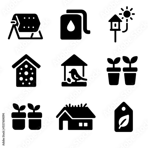 Urban Eco-Gardening Icons. Solid, filled icons set of urban eco-gardening: compost tumbler, rainwater tank,