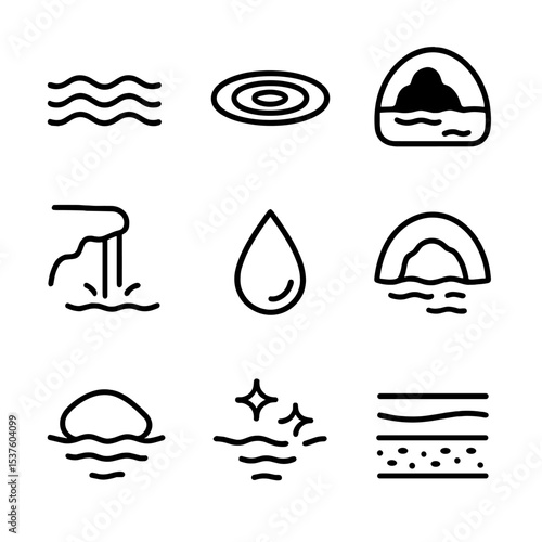Subterranean River Icons. Outline icon set of subterranean rivers: flowing water, ripple effect, cave pool, waterfall dribble,