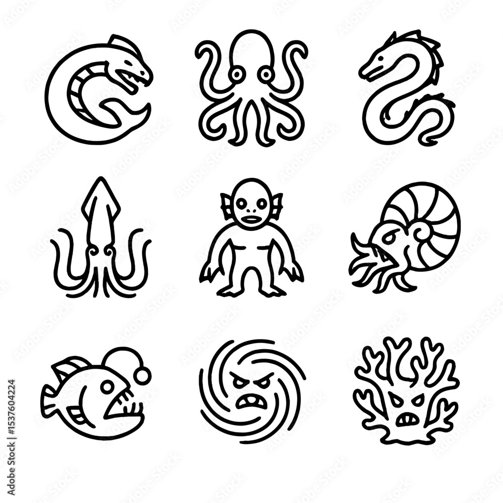 Fototapeta premium Underwater Monster Icons. Outline icon set of undersea monsters of the deep: Leviathan, Kraken, Sea Serpent, Abyssal Squid, Deep