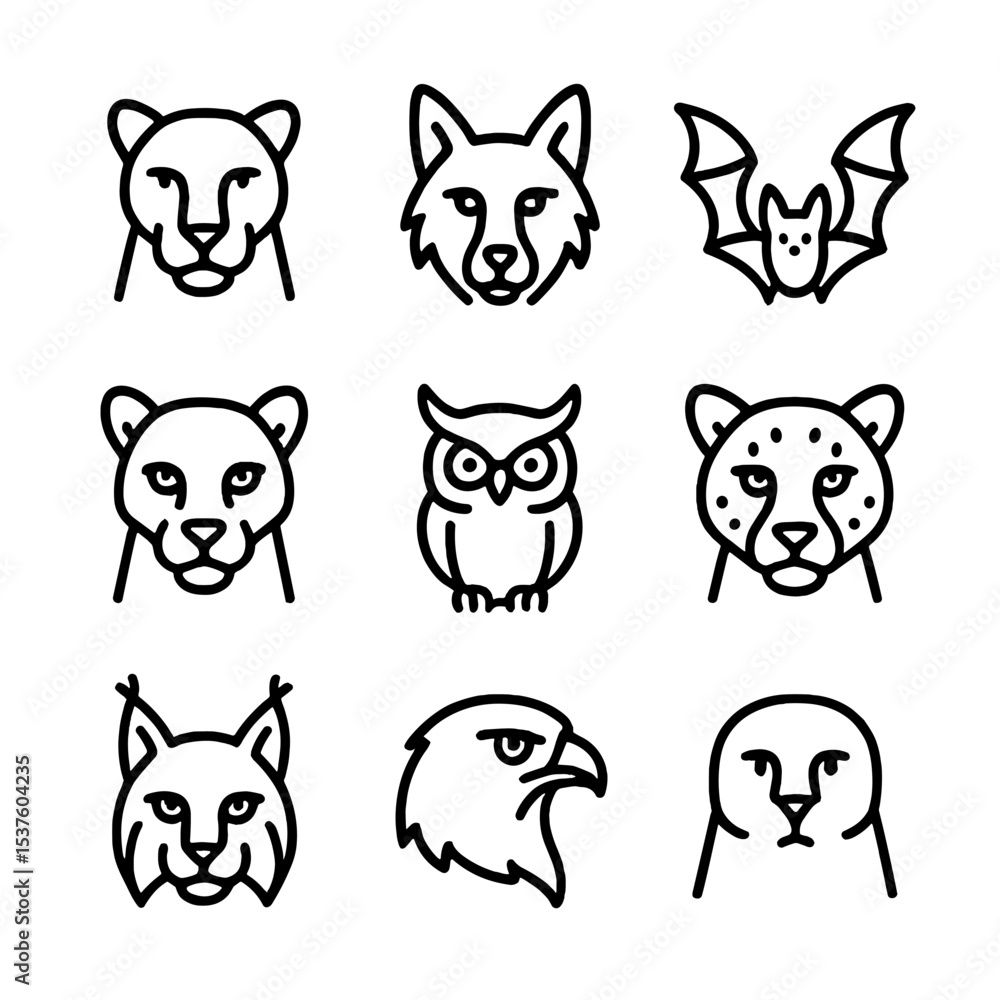 Fototapeta premium Twilight Predator Icons. Outline icon set of twilight predators: Shadow Panther, Dusk Wolf, Nightstalker Bat, Moonlight Jaguar,