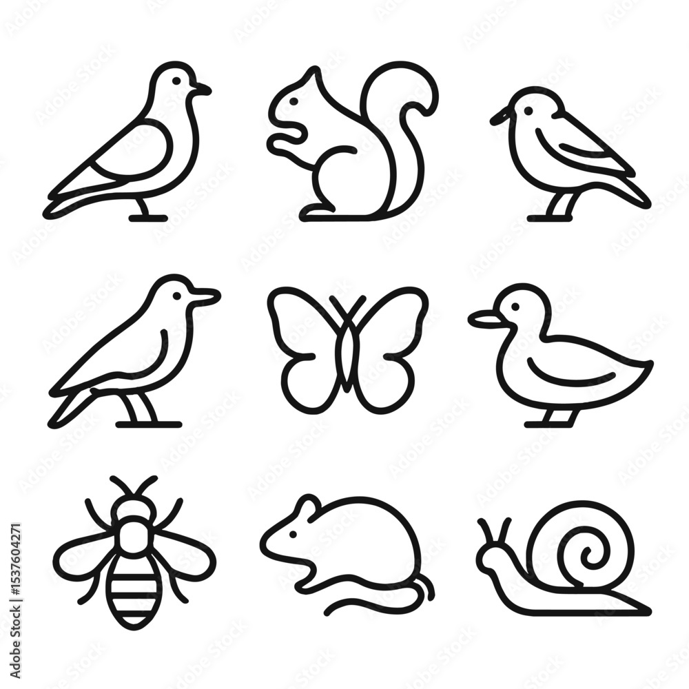 Obraz premium Urban Wildlife Icons. Outline icon set of urban wildlife: pigeon, squirrel, sparrow, crow, butterfly, duck, bee, rat silhouette,