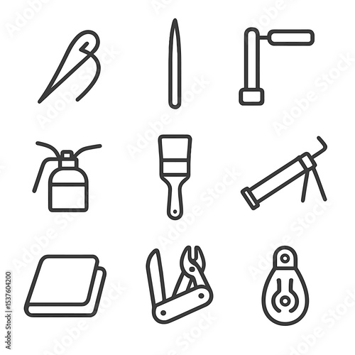 Tool Icon Set. Outline icon set of maintenance and repair tools: sail repair needle, splicing fid, winch handle, oil can, brush,