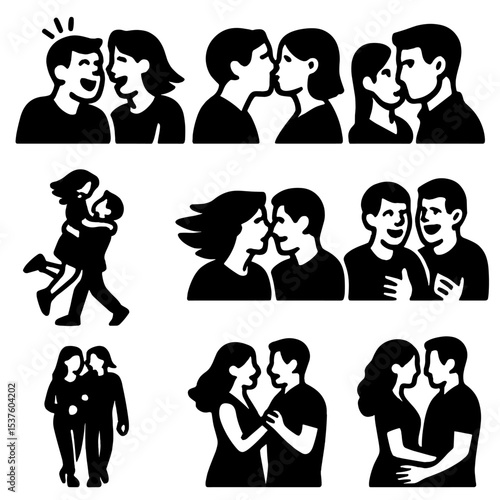 Candid Couple Icons. Solid, filled icons set of candid couple photos: laughing burst, spontaneous kiss, caught