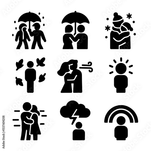 Romantic Weather Icons. Solid, filled icons set of romantic weather moments: walk in rain, shared umbrella,