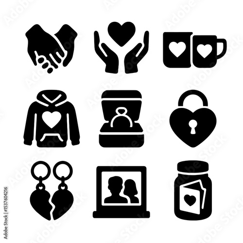 Everyday Love Icons Grid. Solid, filled icons set of everyday love symbols: interlocked fingers, heart between