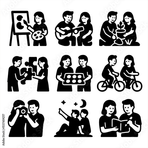 Couple Hobbies Icons. Solid, filled icons set of couple hobbies together: painting together, playing guitar,