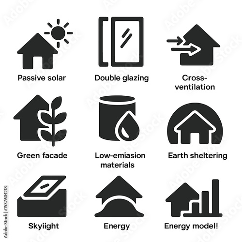 Sustainable Architecture Icons. Solid, filled icons set of sustainable architecture: passive solar design,