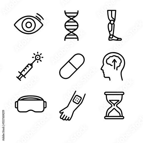 Transhumanist Icon Set. Outline icon set of transhumanist visions: augmented eye, genetic helix, robotic leg, nano injection,