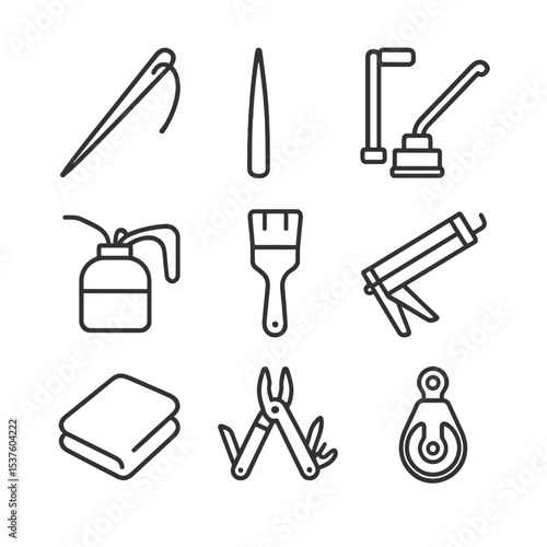 Tool Icon Set. Outline icon set of maintenance and repair tools: sail repair needle, splicing fid, winch handle, oil can, brush,