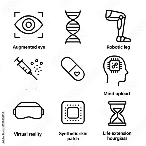 Transhumanist Icon Set. Outline icon set of transhumanist visions: augmented eye, genetic helix, robotic leg, nano injection,