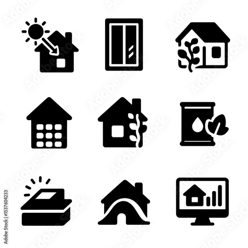 Sustainable Architecture Icons. Solid, filled icons set of sustainable architecture: passive solar design,