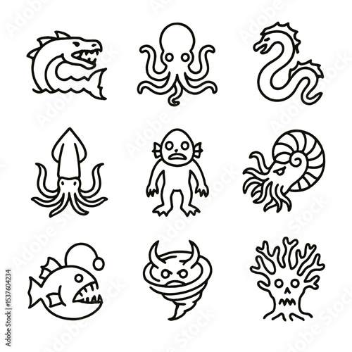 Underwater Monster Icons. Outline icon set of undersea monsters of the deep: Leviathan, Kraken, Sea Serpent, Abyssal Squid, Deep