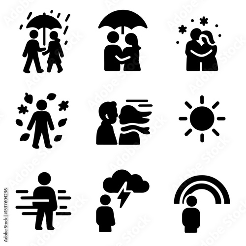Romantic Weather Icons. Solid, filled icons set of romantic weather moments: walk in rain, shared umbrella,